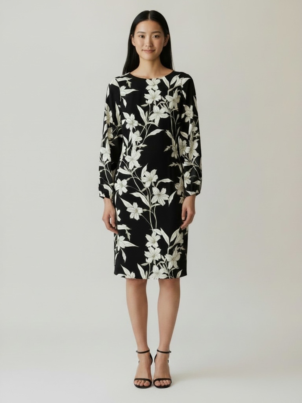 Lauren Ralph Lauren Size 6 Black Cream Floral Sheath Dress Long Sleeve Work